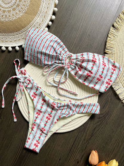 Women's Swimsuit Two-piece Print Beaded Bikini Swimwear Triangle Bathing Brazilian Suit