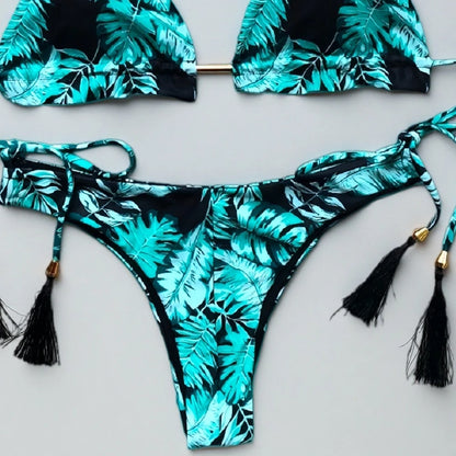 Women Micro Thongs Swimsuit Bathing Bandage Beachwear Print Swimwear Triangle Chain Bikini