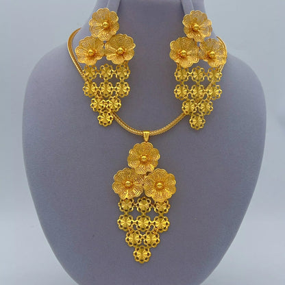 Indian 24k Gold Color Bridal Ethiopian Africa Flower Dubai Necklace Earrings Jewelry afSets