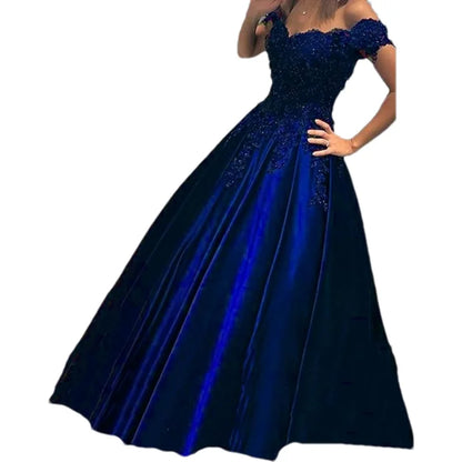 Women A-Line Long Off The Shoulder Satin Formal Gowns Sequin Lace Appliques Corset Prom Evening Dress w/ Pockets