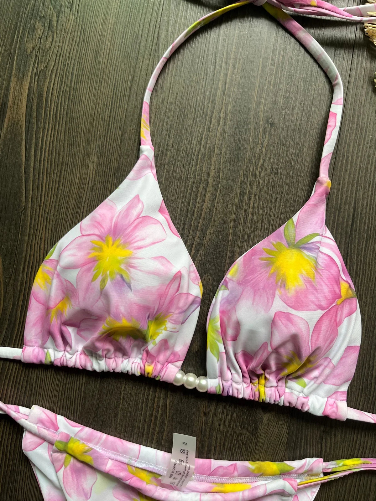 Micro Women Swimsuit Brazilian Bikini Halter Print Push Up Pearl Beachwear Suit