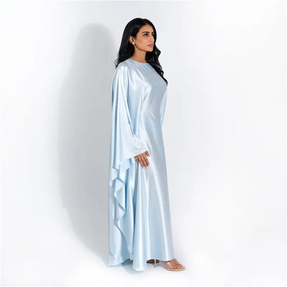 Women Satin Cloak Long Sleeve Loose Kaftan Fashion O Neck Long Dress