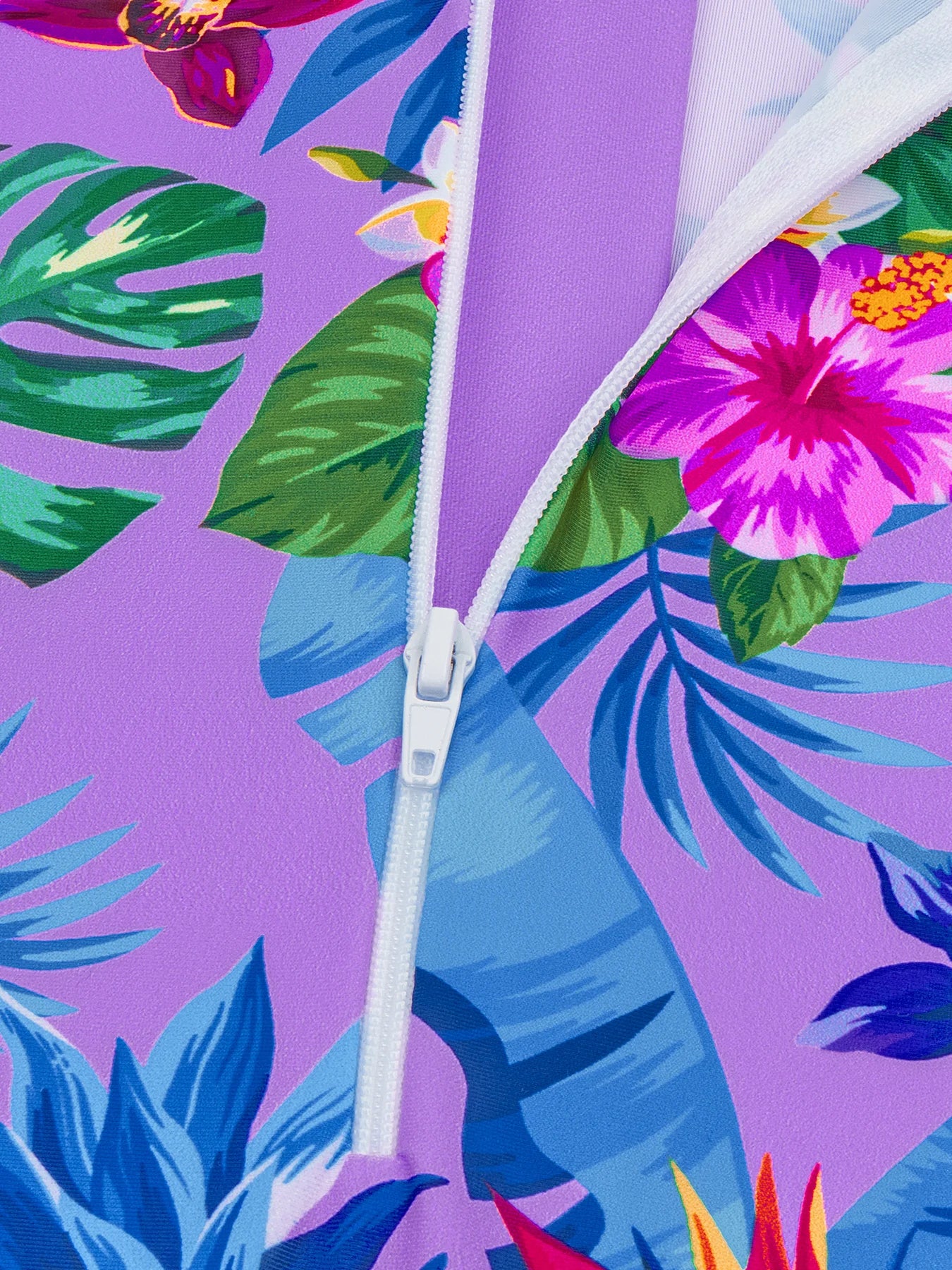 Long-Sleeved Purple Kids Girls One-Piece Tropical Plants Print Boyleg Rash Guard Beach Swimming Suit