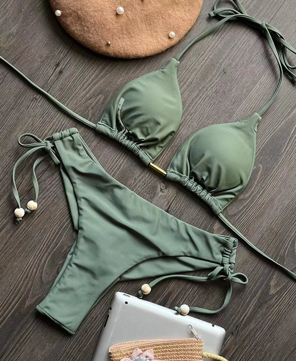 Solid Color Bikini Swimsuit Hanging Neck Rope Split Swimsuit 2-piece Beachwear Suit
