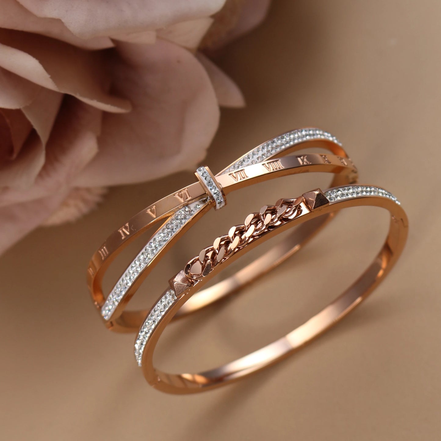 Love Charm 18k Gold Stainless Steel Crystal Cross Roman Numerals Bangle Bracelet