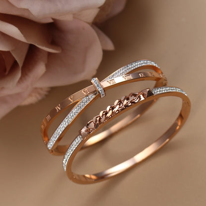 Love Charm 18k Gold Stainless Steel Crystal Cross Roman Numerals Bangle Bracelet