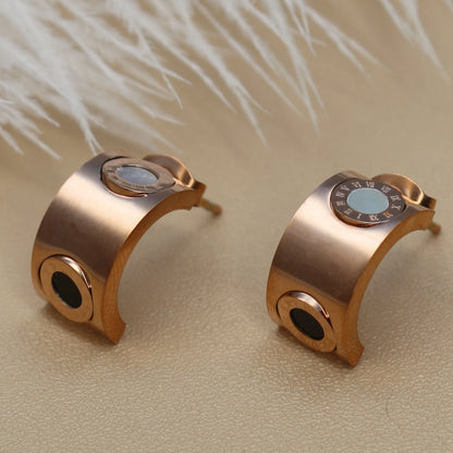 Stainless Steel Inlay Double Circle Roman Numeral Black & White Shell Half Round Stud Earrings