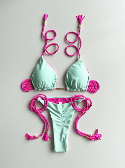 Sexy Separate Triangle Pure Color Rope Weaving Multicolor Bikini Swimsuit Suit