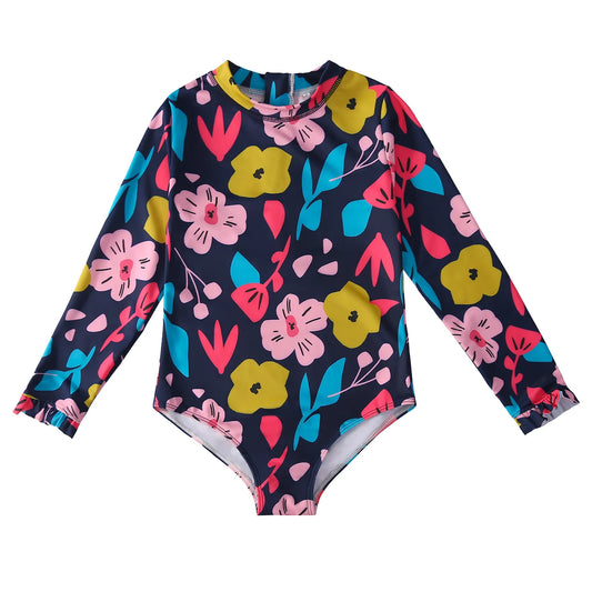 Kids Girl Floral Pattern Long Sleeve Zipper Back Ruffles Frill Cuff Jumpsuit Swimwear Beachwear Bathing Suits