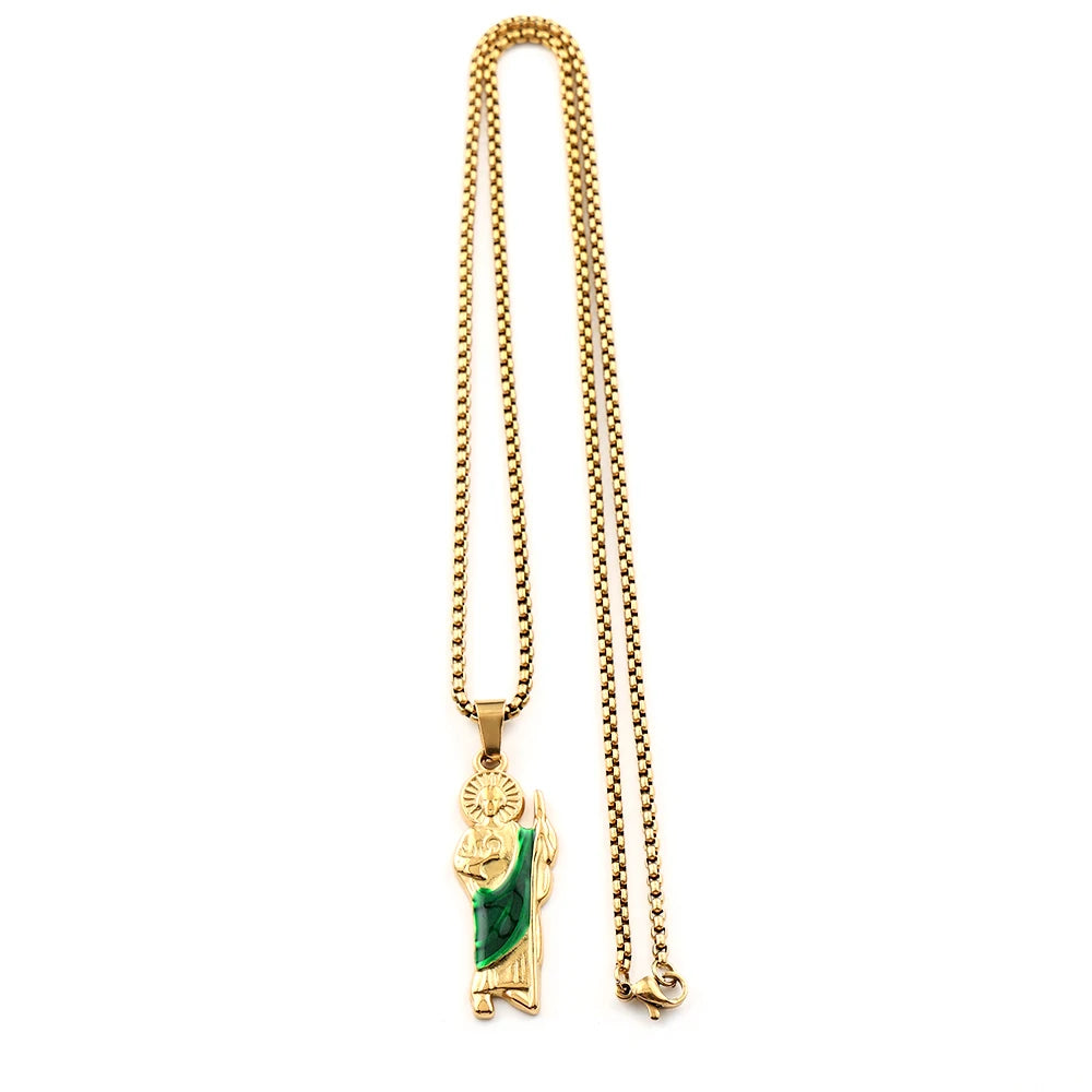 Women Men Stainless Steel Gold Color St. Jude Religious San Judas Tadeo Pendant Necklace