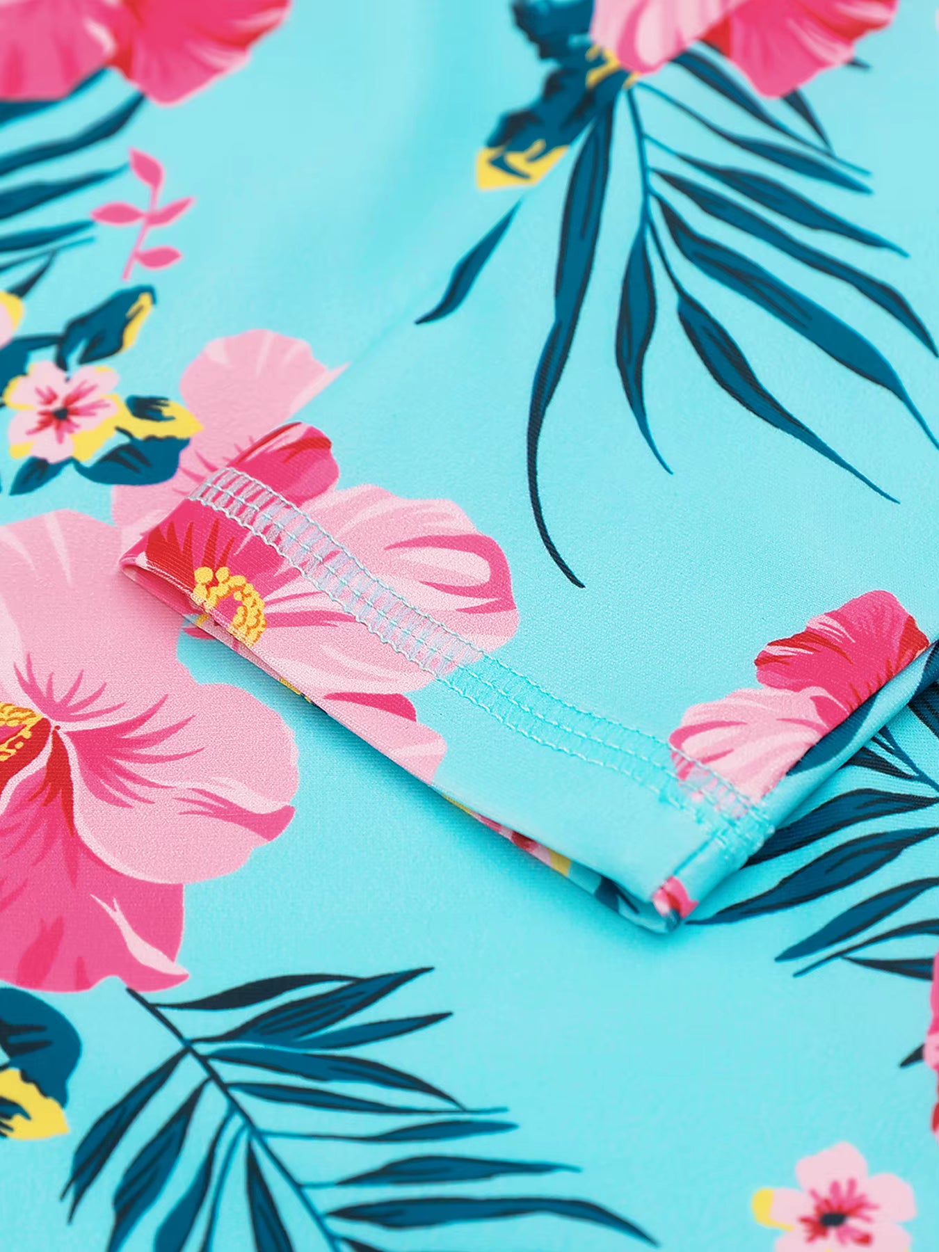 Girls Kids One Piece Long Sleeve Floral Print Beach Swim Rash Guard Boyleg Shorts Swimwear