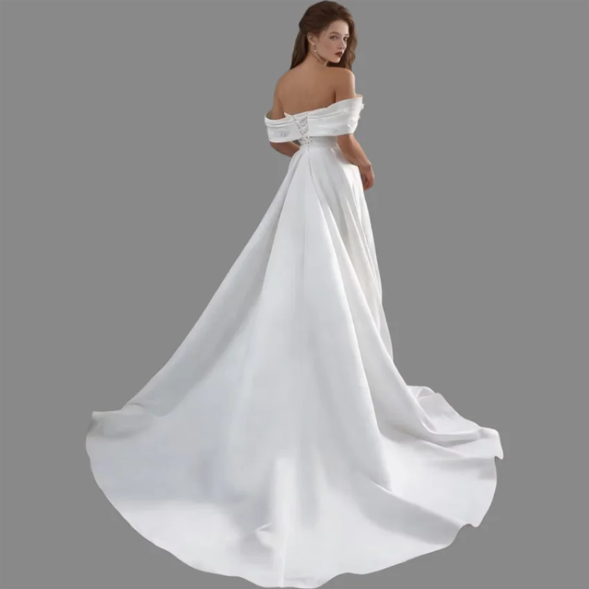 Princess Off The Shoulder A-Line Satin Pleats Lace Appliques Ball Gown Bridal Wedding Dress