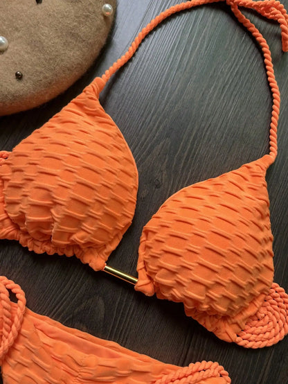 Women Solid color bikini braided rope tied split swimsuit 2-piece swimsuit set