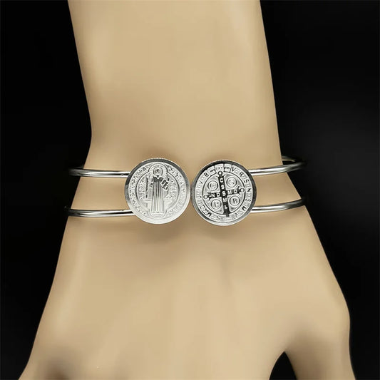 Women Men Stainless Steel Gold Silver Color Saint Benedict Medal Double Line Bangle Bracelet