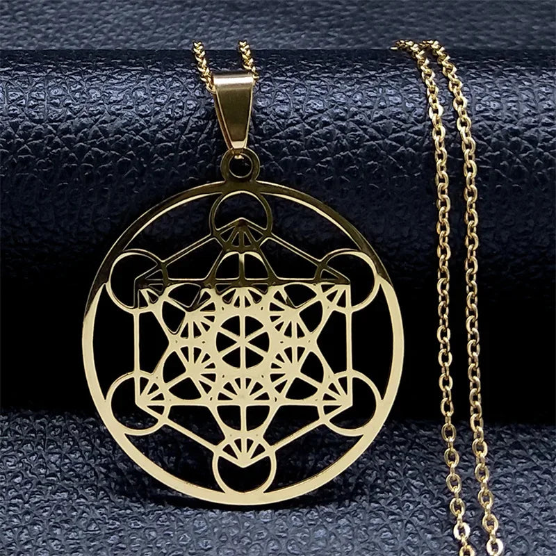 Men Sacred Geometry Angel Seal Metatron Symbol Yoga Hindu Buddhism Stainless Steel Necklace