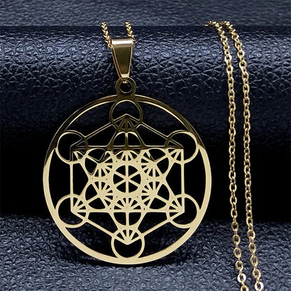 Men Sacred Geometry Angel Seal Metatron Symbol Yoga Hindu Buddhism Stainless Steel Necklace