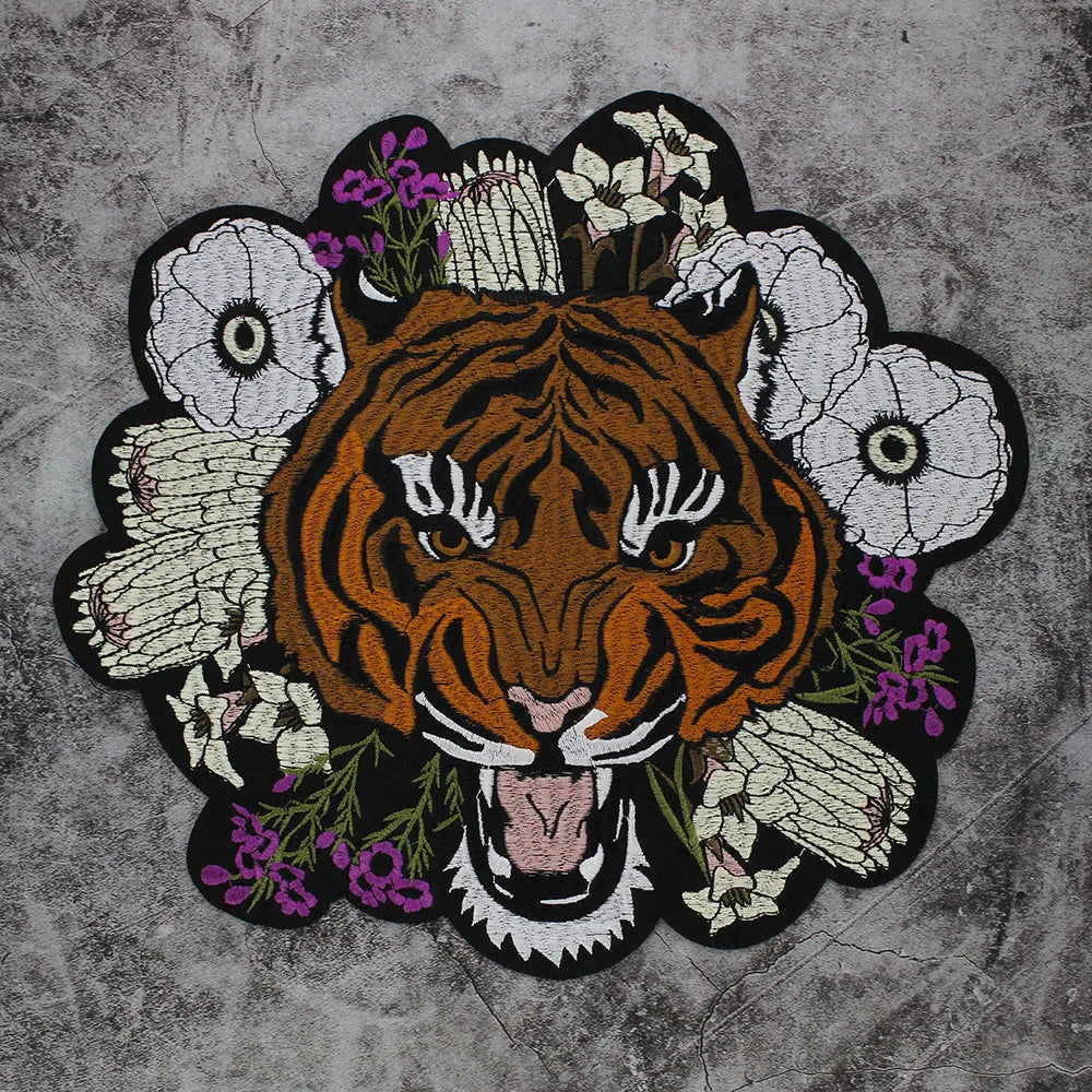 Large Size Biker Applique Fierce Tiger head Embroidery Patches Iron on for Clothes Animal Stickers Patch