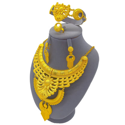 African Dubai Big 24K Gold Plated Women Wedding Indian Brazilian Pendant Necklace Earrings