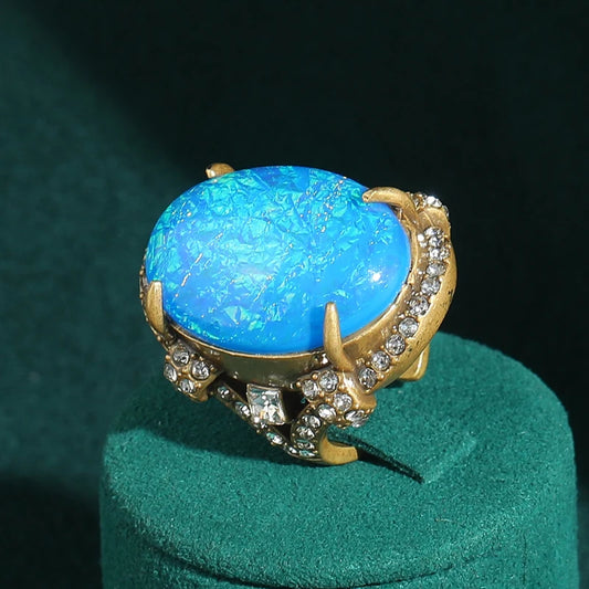 Women Vintage Large Blue Opal Antique Gold Color Designer Adjustable Ring