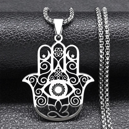 Hollow Fatima Hamsa Stainless Steel Gold Color Luck Hand Palm Blue Turkey Eye Pendants Necklace