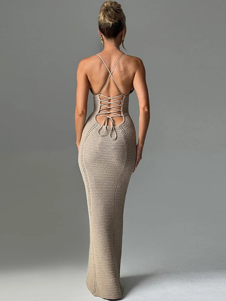 Women Hollow Out Backless Knit Spaghetti Strap Bandage Sleeveless Bodycon Party Long Dress