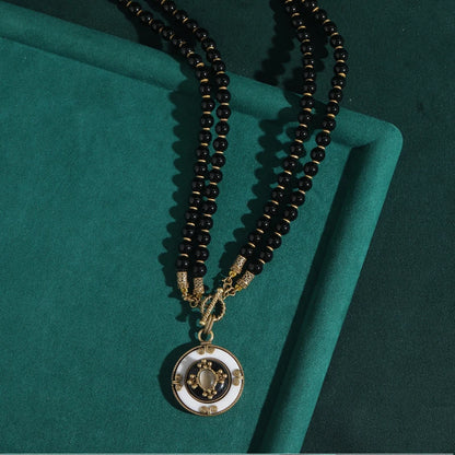 Vintage Black Natural Stone Bead Double Layered Chain Round White Pendant Antique Necklace