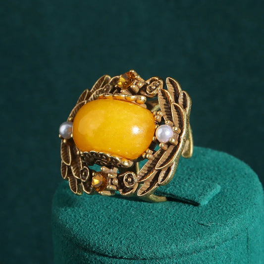 Vintage 18k Gold Color Antique Flower Yellow Square Stone Natural Pendant Evening Ring