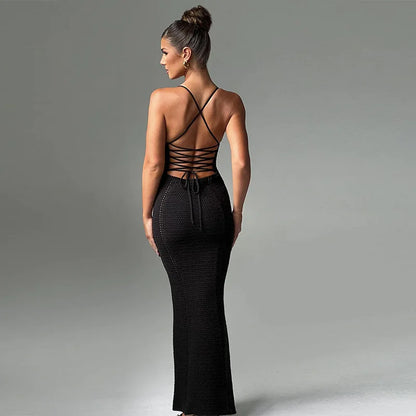 Women Hollow Out Backless Knit Spaghetti Strap Bandage Sleeveless Bodycon Party Long Dress