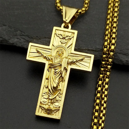 Women Men Gold Color Chain Religious Crucifix Amulet Stainless Steel Cross Jesus Pendant Necklace