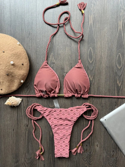 Women's two-piece set w/ push up hanging neck solid color bikini beach swimsuit
