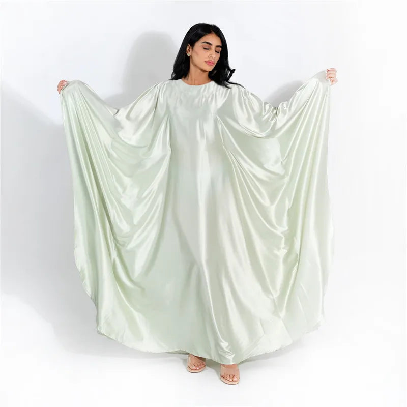 Women Satin Cloak Long Sleeve Loose Kaftan Fashion O Neck Long Dress