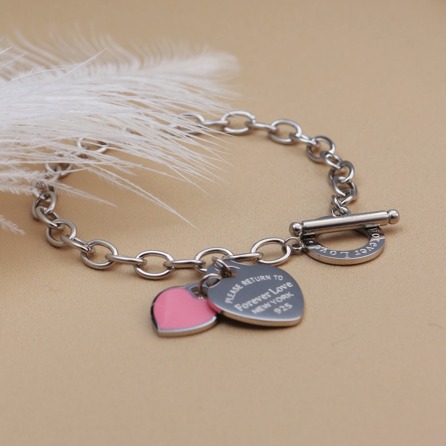 Fashion Stainless Steel Gold Color Double Heart Pendant Design FOREVER LOVE Bracelet Bangle