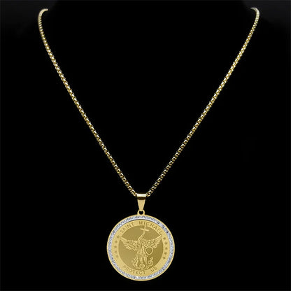 Women Men Stainless Steel Gold Color Knight Saint Michael Archangel Medallion Necklace