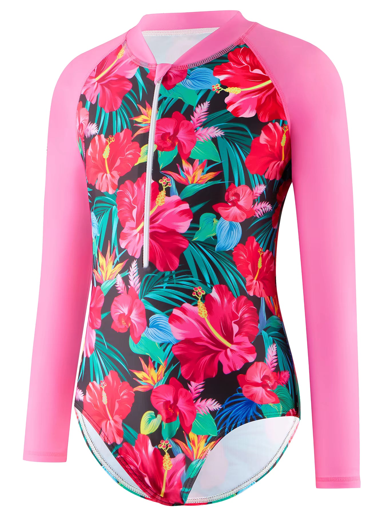 Girls Kids One Piece Long Sleeve Floral Print Bikini Cut Bottom Swimwear Beach Swim