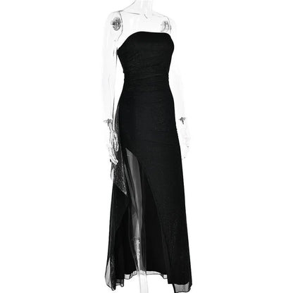 Women Sparkle Off-shoulder Maxi Strapless Backless Sleeveless Thigh High Slit Evening Long Dress