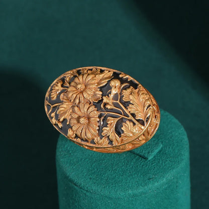 18K Gold-Plated Women Hand-Carved Floral Enamel Vintage Art Deco Ring