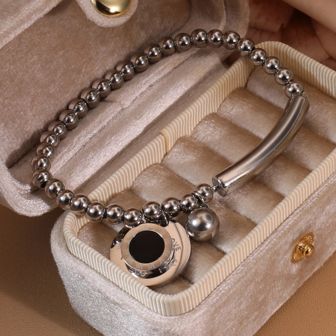 Luxury Women Roman Numeral Bead 18K Gold-Plated Stainless Steel Bangle Bracelet
