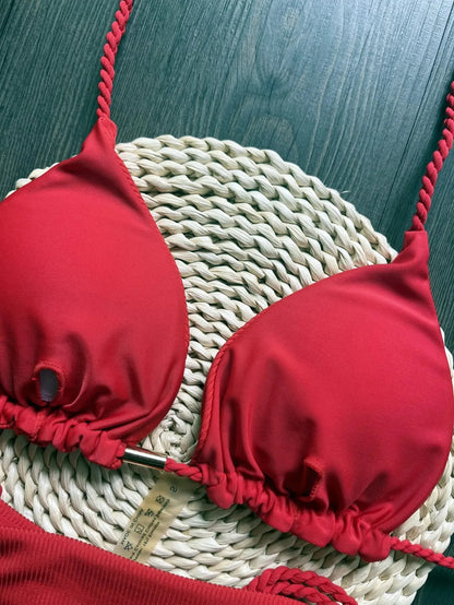 Women Swimsuit Braiding Rope Bikini Two-piece Triangle Solid Swimwear Bathing Suit Brazilian