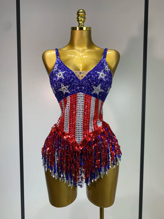 Shiny Rhinestones Tassel Bodysuit Evening Party Nightclub Party Dress