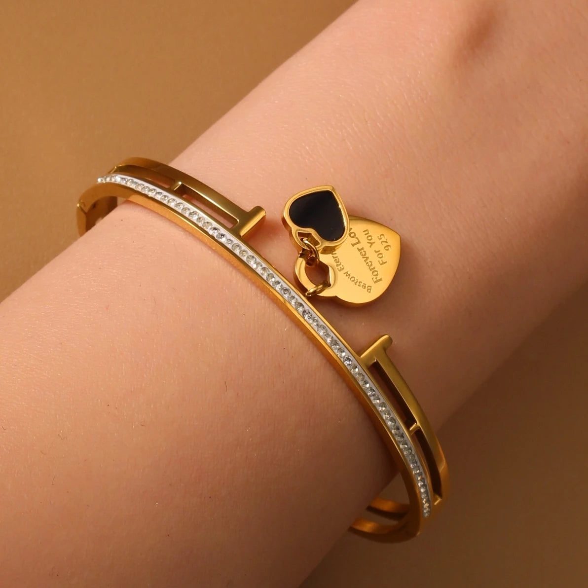 Women Fashion Double Peach Heart Love Stainless Steel Gold Color Bracelet Bangle Gifts
