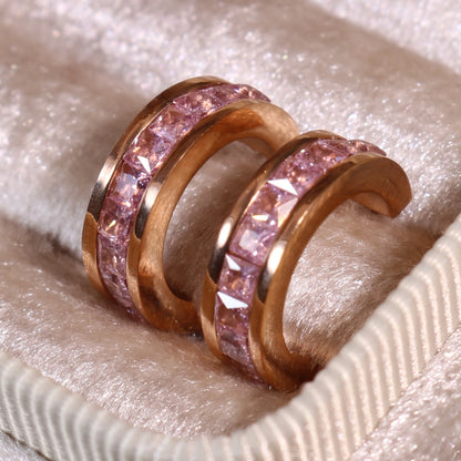 2-In-1 Women Rose Gold-Plated Stainless Steel Crystal Earrings Ring Jewelry Set