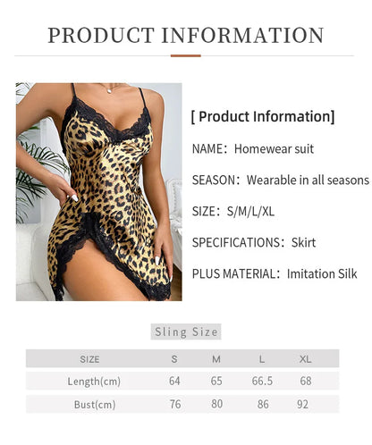 Leopard Satin Women Sleeveless Side Split Lace Sleepwear Nightgown Pajama Dress