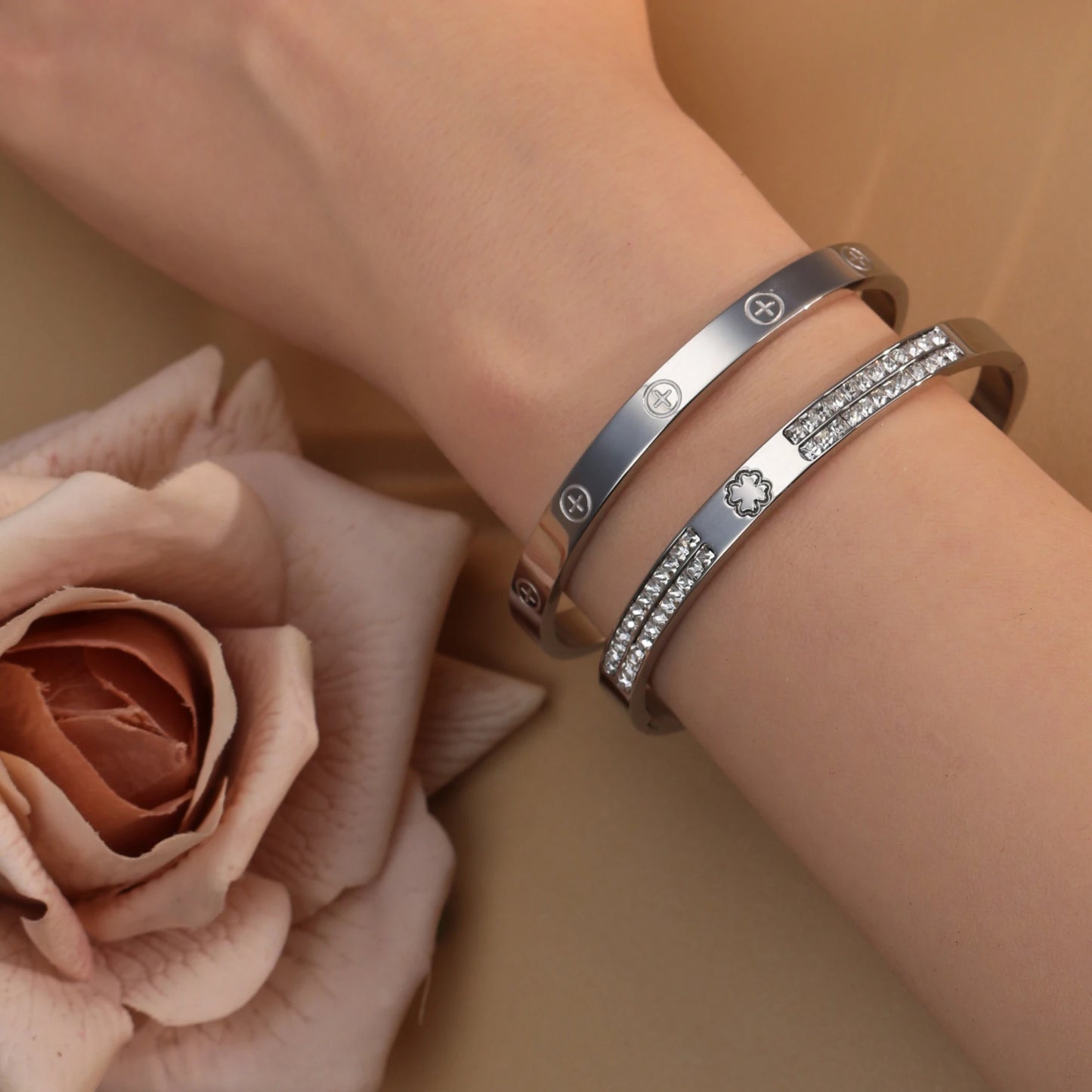 18K Gold-Plated Cross Screwdriver Stainless Steel Zircon Bangle Bracelet Women's Jewelry