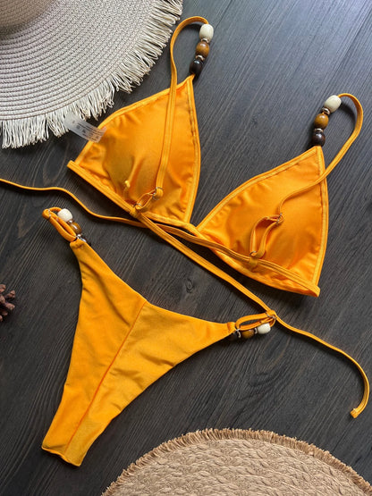 Sexy Women Pearls Strap Hole Out Push Up Bra Thong Swimsuit Brazilian Beach Bathing Micro Bikini Suit
