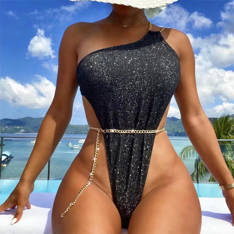 Women Shiny Glitter Sparkling One Shoulder Thong One Piece Swimsuit Swimwear Bathing Suits