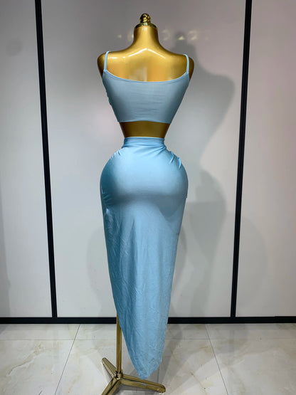 Women Sparkly Rhinestone Crop Tops Long Skirt Two Pieces Birthday Party Dinner Dress