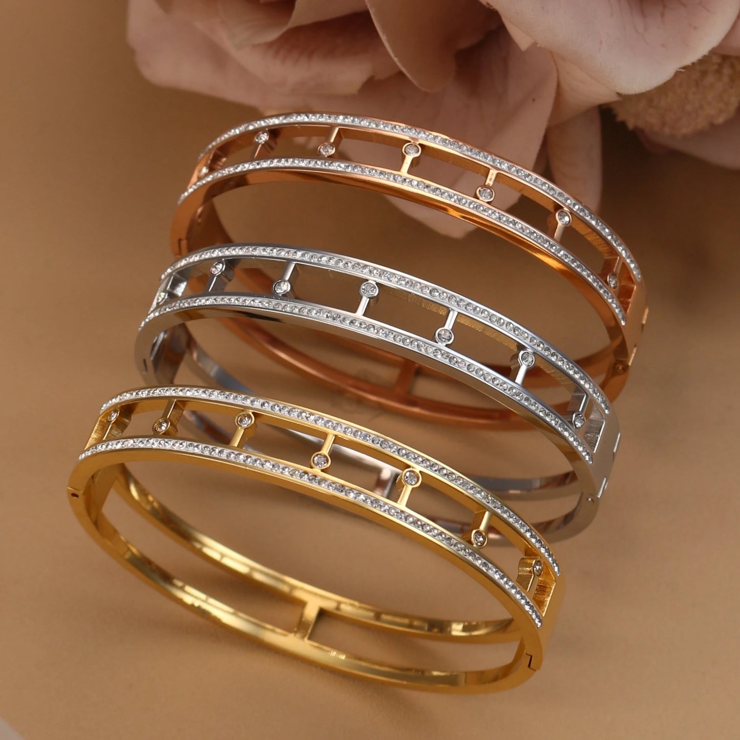 Women Stainless Steel Cross Small Zircon Round Charm Crystal Bangle Bracelet