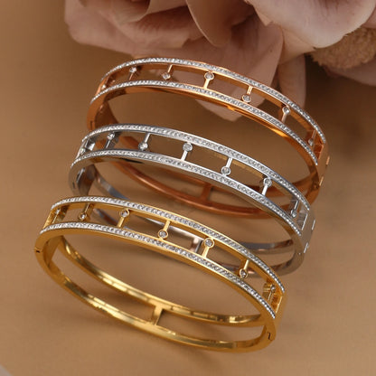 Women Stainless Steel Cross Small Zircon Round Charm Crystal Bangle Bracelet