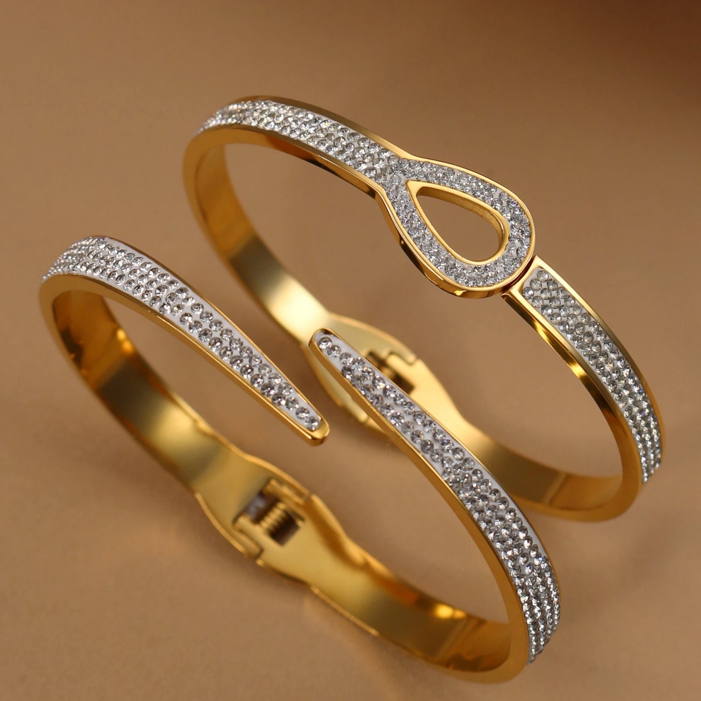 Women Stainless Steel Crystal Hollow Water Drop Open Bracelet Bangle