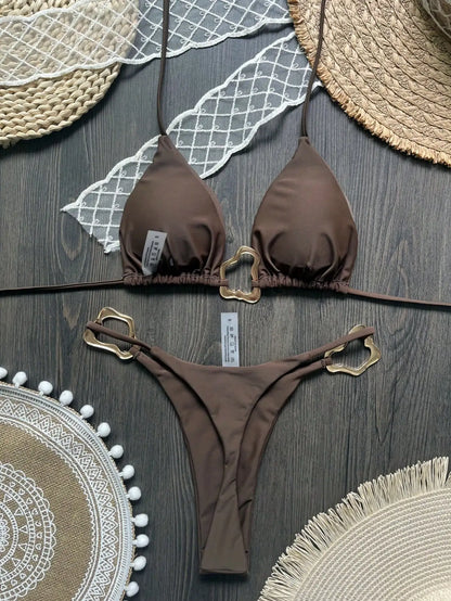 Women Bikini Solid Color Lace-up Split Two-piece Swimsuit Swimwear Suit